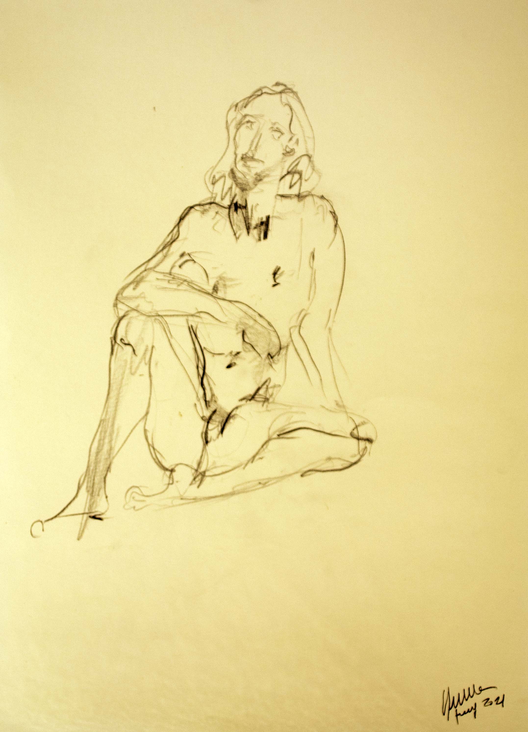 Home assegut — Grafit i oli de llinosa sobre paper